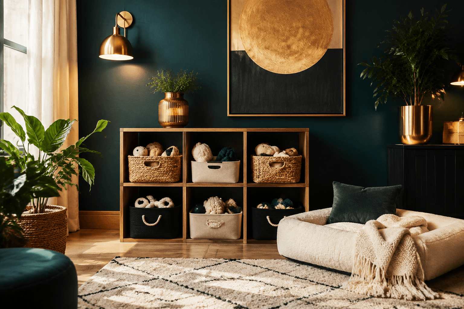 Styled cosy pet corner with a toy rotation shelf, cushion bed and storage bins