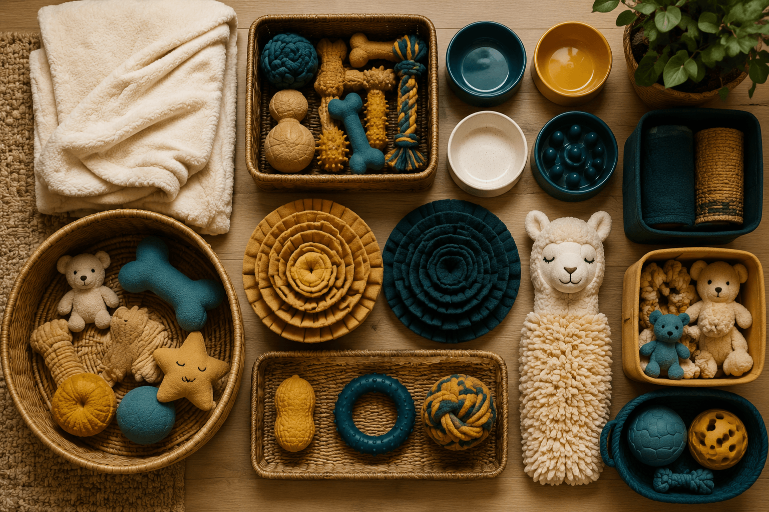 Overhead golden-toned pet enrichment board with baskets, blankets, bowls and toys